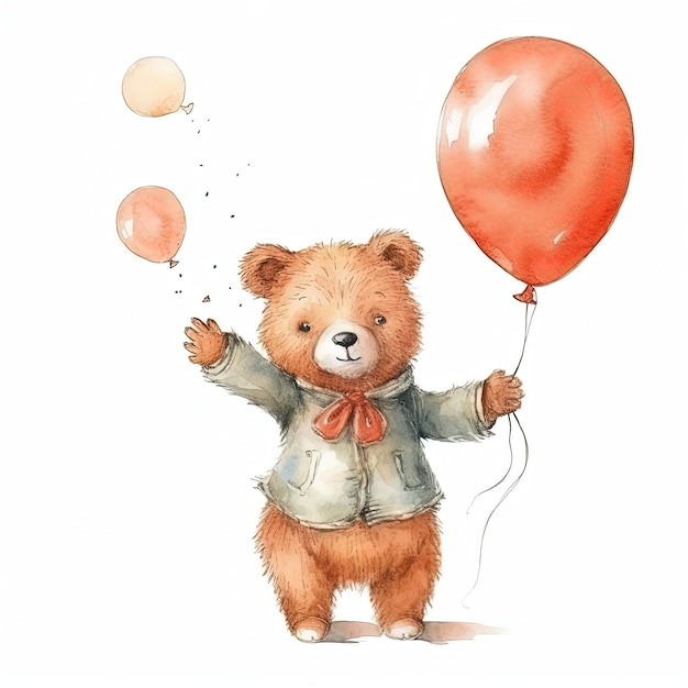 Urso de pelúcia aquarela com balões Ilustração AI GenerativexA
