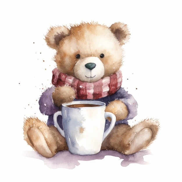 Urso de pelúcia aquarela segurando uma caneca de cacau quente com fundo branco único gerado por IA