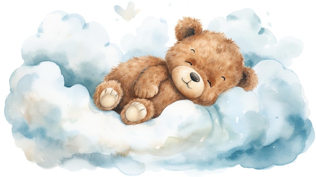 Urso de pelúcia bonito dormindo em uma nuvem aquarela em um fundo branco isolado IA generativa