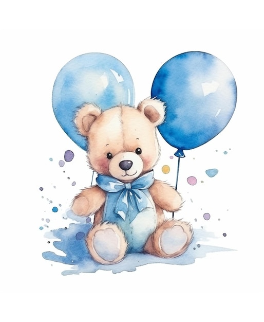 Urso de pelúcia bonito e balões ilustração de aquarela para bebê e crianças com fundo isolado