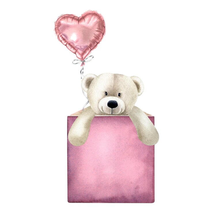Foto urso de pelúcia branco sai da caixa com um balão em forma de coração rosa ilustração de aquarela desenhada à mão