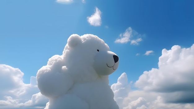 Urso de pelúcia branco sentado em um campo verde exuberante cercado por nuvens fofas em uma moldura semelhante à Pixar