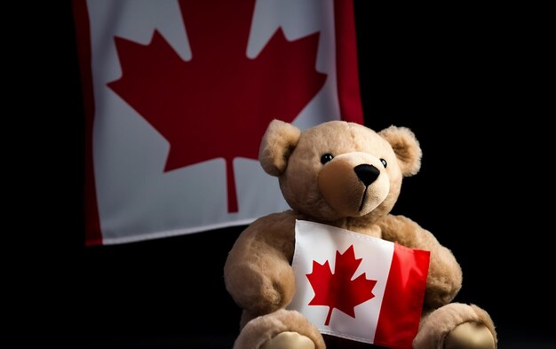 Urso de pelúcia com bandeira canadense no fundo da bandeira canadense dia do Canadá