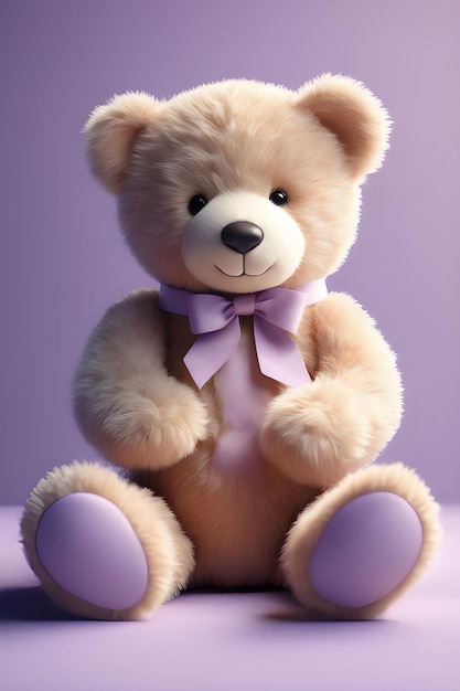 Urso de pelúcia com laço roxo em renderização 3d de fundo violeta