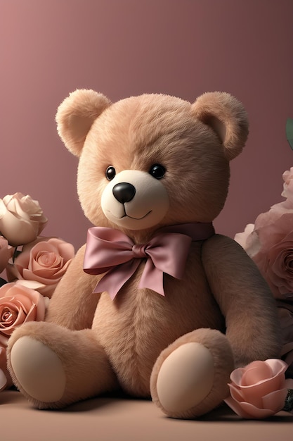 Urso de pelúcia com rosas em uma renderização 3d de fundo rosa