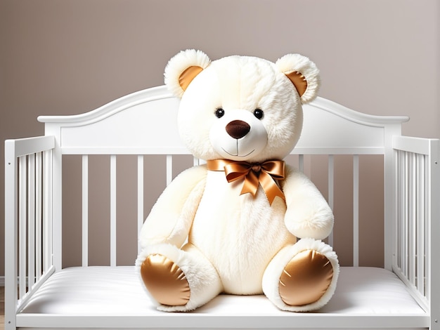 Urso de pelúcia de brinquedo sentado em cama branca para bebê Design de interiores de quarto de bebê