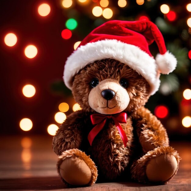 Foto urso de pelúcia de natal usando chapéu de papai noel sob a árvore de natal presente tradicional de peluche festivo