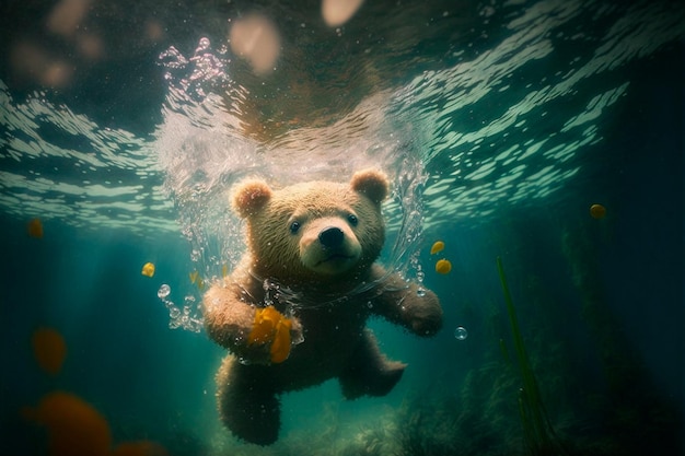 Urso de pelúcia debaixo d'água Urso de pelúcia nada IA generativa
