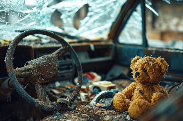 Urso de pelúcia desgastado nos restos de um carro acidentado