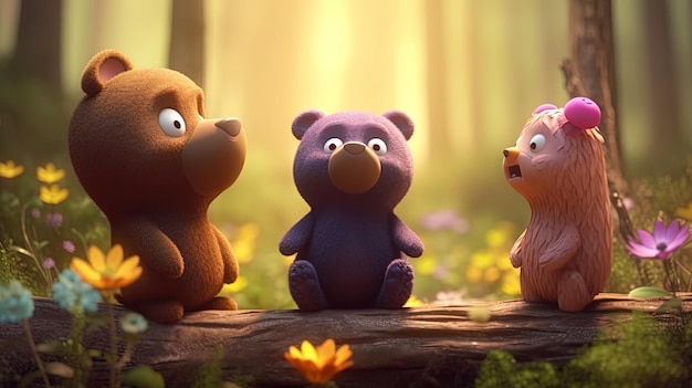 Urso de pelúcia e seus amigos ursos caminhando pela floresta 3d gerado
