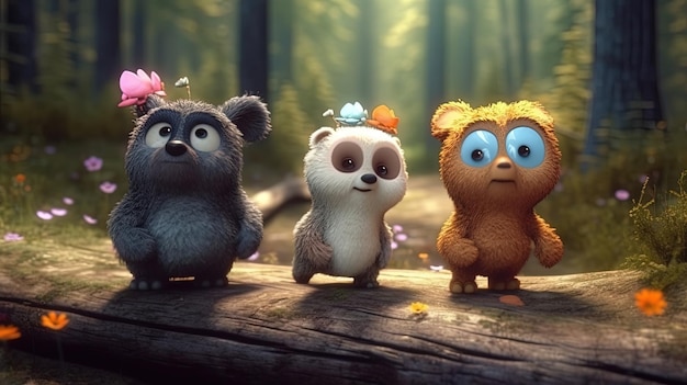 Urso de pelúcia e seus amigos ursos caminhando pela floresta 3d gerado