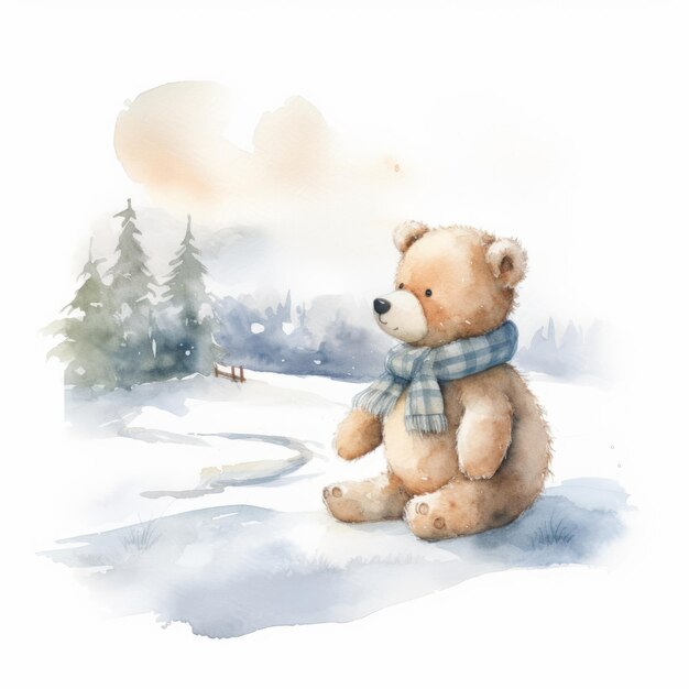 Urso de pelúcia em aquarela pintando uma paisagem de inverno com fundo branco único gerado por IA