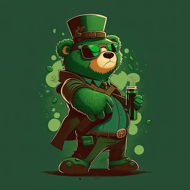 Urso de pelúcia engraçado usando chapéu de Saint Patrick Day em fundo verde Generative AI