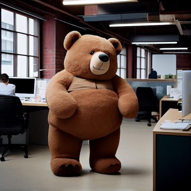 Urso de pelúcia enorme no escritório como um trabalhador de colarinho branco urso engraçado como empresário
