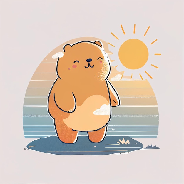 Urso de pelúcia fofo ilustração tomando banho de sol na praia em dia ensolarado Criado com tecnologia Generative AI
