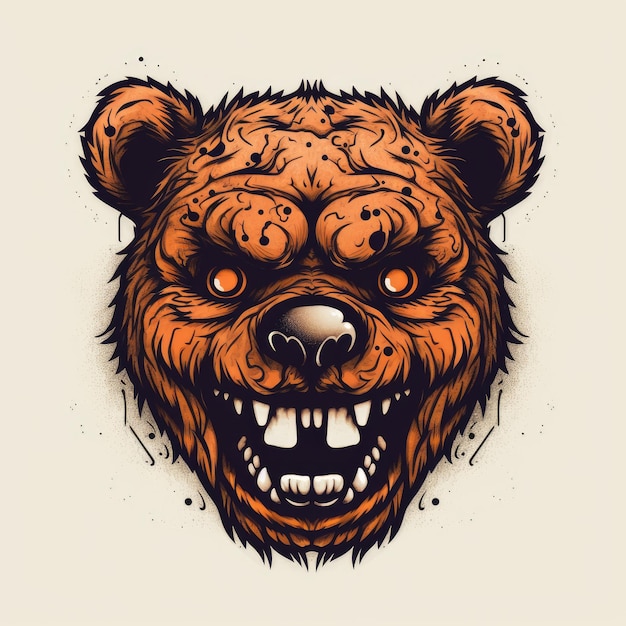 Urso de pelúcia maligno com sorriso assassino em estilo de tatuagem de tinta mínima em fundo branco