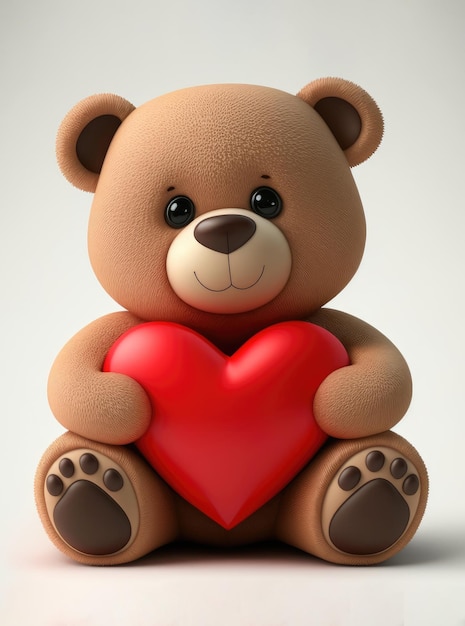 Urso de pelúcia marrom segurando um coração vermelho sobre fundo branco Bonito cartão postal de dia dos namorados com espaço de cópia IA generativa