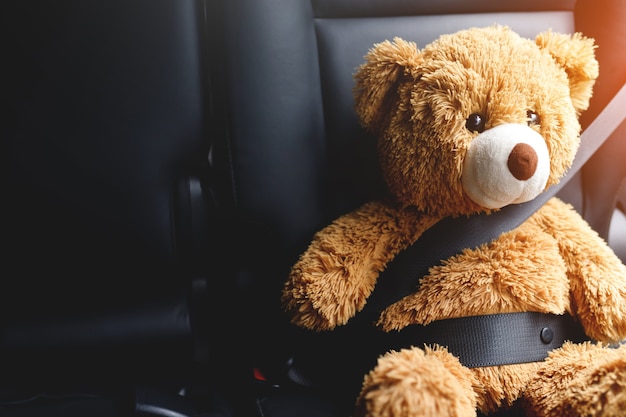 Urso de pelúcia marrom usando cinto de segurança de carro