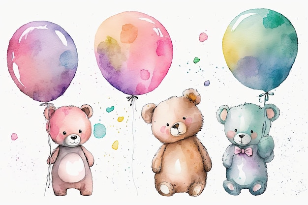 Urso de pelúcia para bebês e crianças e ilustração em aquarela de balões