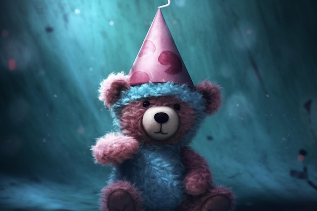 Urso de pelúcia posando com um chapéu de aniversário em fundo azul