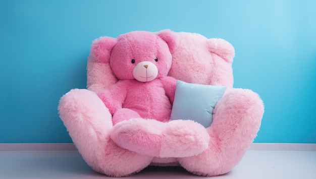 urso de pelúcia rosa e azul em uma cadeira