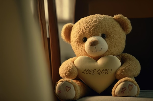 Urso de pelúcia segurando almofada em forma de coração com mensagem de amor