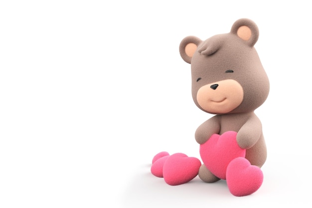 Urso de pelúcia segurando um ursinho de coração isolado no fundo branco 3D Render