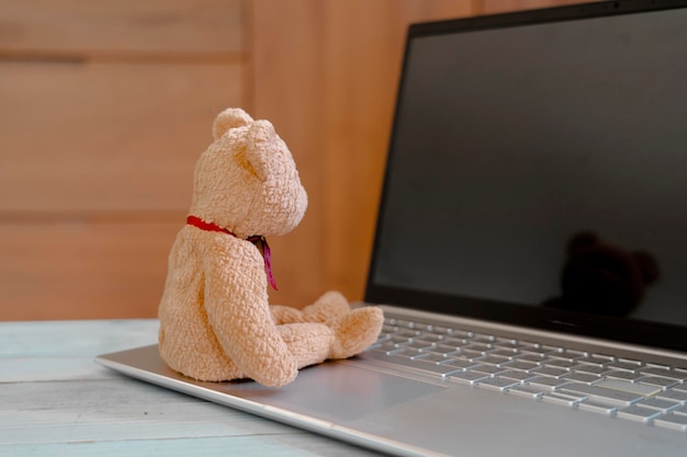 Foto urso de pelúcia sentado e assistindo em um laptop