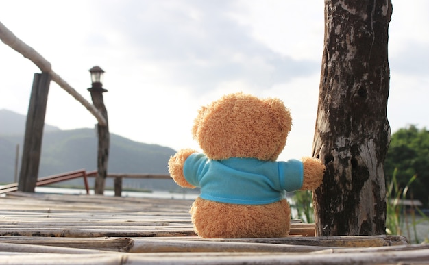 Foto urso de pelúcia sentado na ponte de bambu perto do lago para esperar alguém