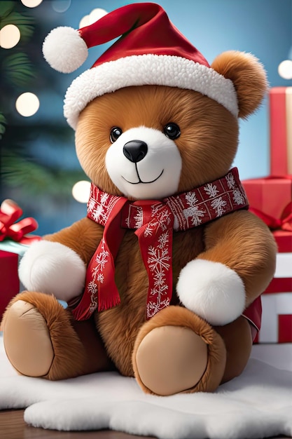 Urso de pelúcia sentado no Natal sorrindo
