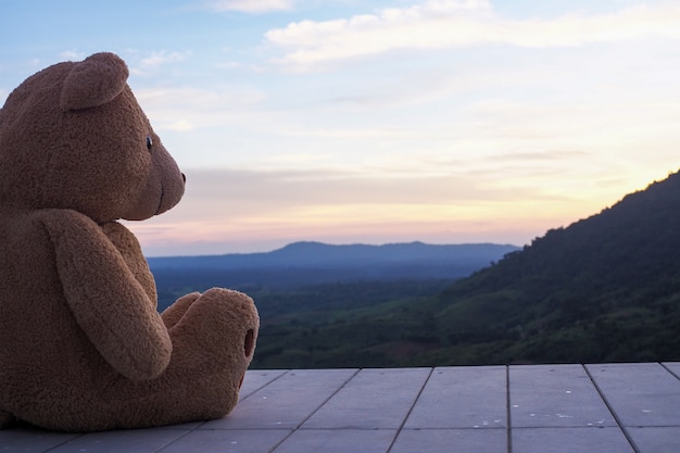 Urso de pelúcia sentado sozinho em uma varanda de madeira. parece triste e solitário