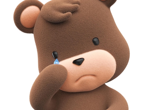 Urso de pelúcia triste e chorando Urso de pelúcia com lágrima pingando isolado no fundo branco 3D Render