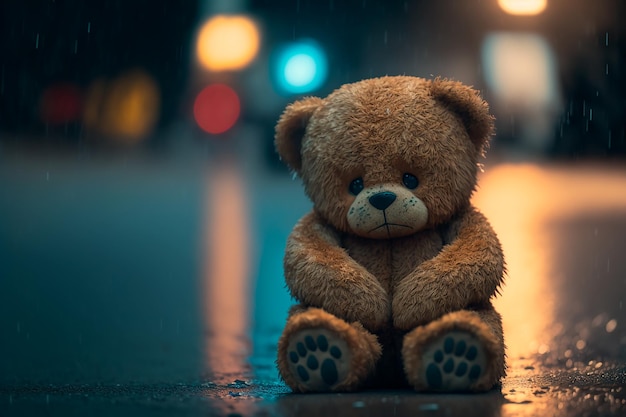 Urso de pelúcia triste senta-se à noite na rua na chuva Generative AI