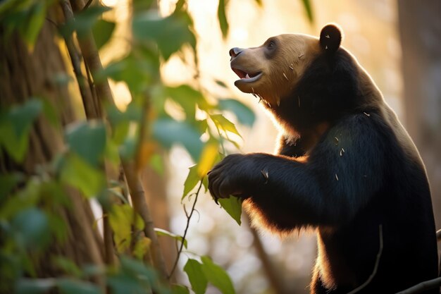 Foto urso-do-sol à procura de comida na floresta com luz de fundo