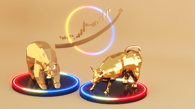 Urso dourado com touro dourado sobre fundo douradoinvestimento e renderização em 3d