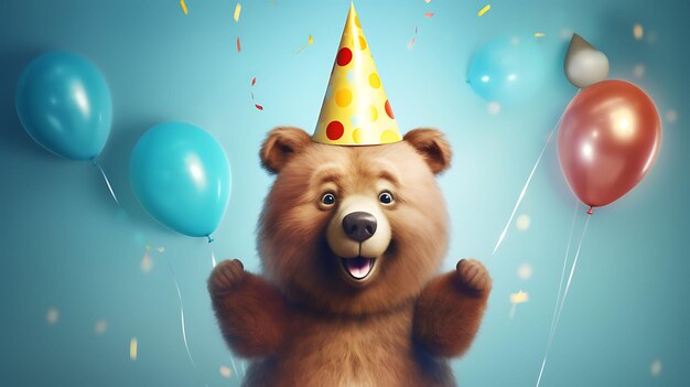 Urso engraçado com chapéu de festa de aniversário no fundo