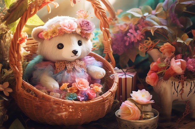 Urso fofo com cesta Boho para crianças berçário ilustração arte de parede decoração