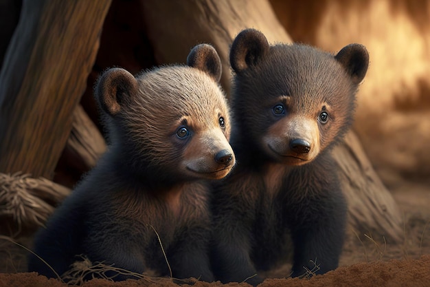 Urso fofo engraçado com filhotes sentados no tronco de árvore marrom