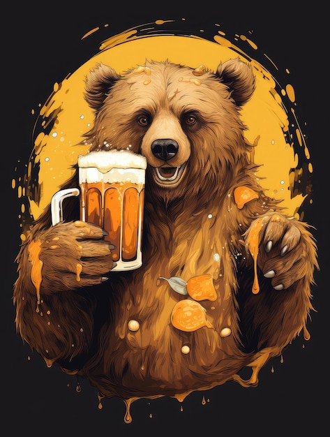 Urso fofo engraçado segurando uma caneca de cerveja dourada