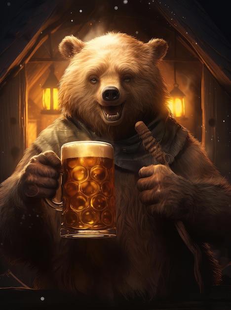 Urso fofo engraçado segurando uma caneca de cerveja dourada