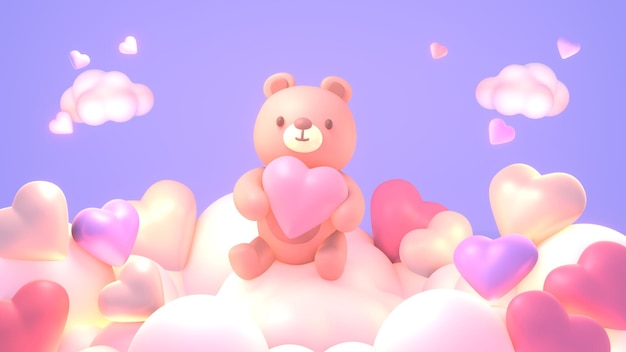 Urso fofo renderizado em 3D segurando um coração rosa sentado nas nuvens.