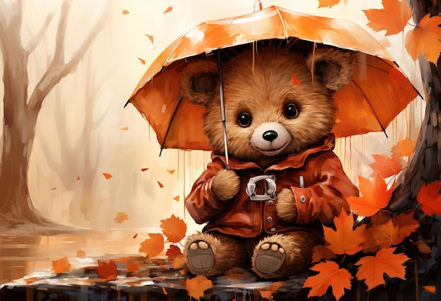 Urso fofo traz guarda-chuva no jardim com folhas de outono pintadas em aquarela em branco