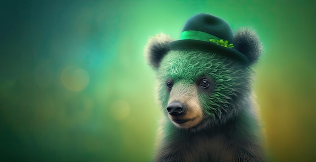 Urso fofo usando um chapéu verde comemorando o dia de são patrício em um fundo desfocado Generative AI