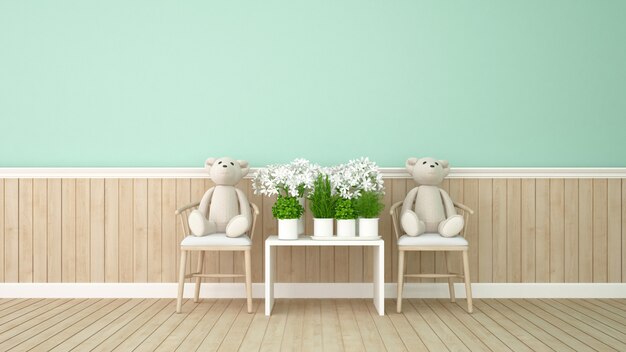 Urso gêmeo e flor na sala verde - rendição 3d