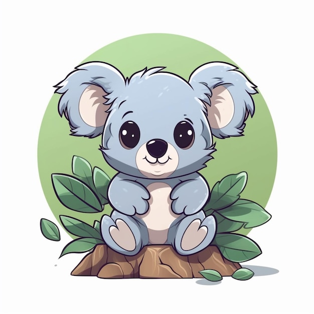 Foto urso koala de desenho animado sentado em um tronco de árvore com folhas generativas ai