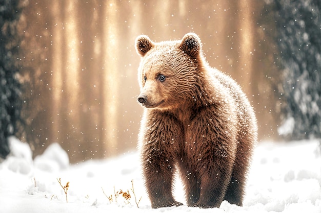 Urso marrom claro com filhotes caminha pela neve no caminho da floresta