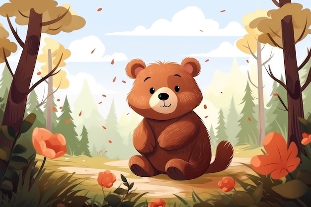 Urso na natureza desenhado desenho animado ilustração animal Generativo ai