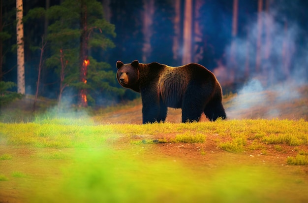 Urso no fundo do incêndio florestal Pobre urso pardo em perigoso desastre natural Conceito cuidar da natureza Generative AI