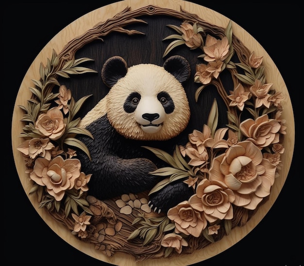 urso panda araffe sentado em uma coroa de flores em uma placa de madeira generativa ai