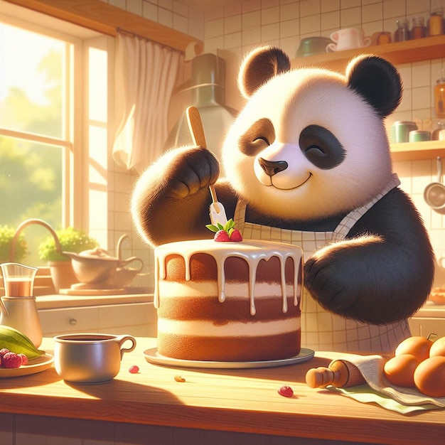 urso panda assando um bolo em uma cozinha ensolarada